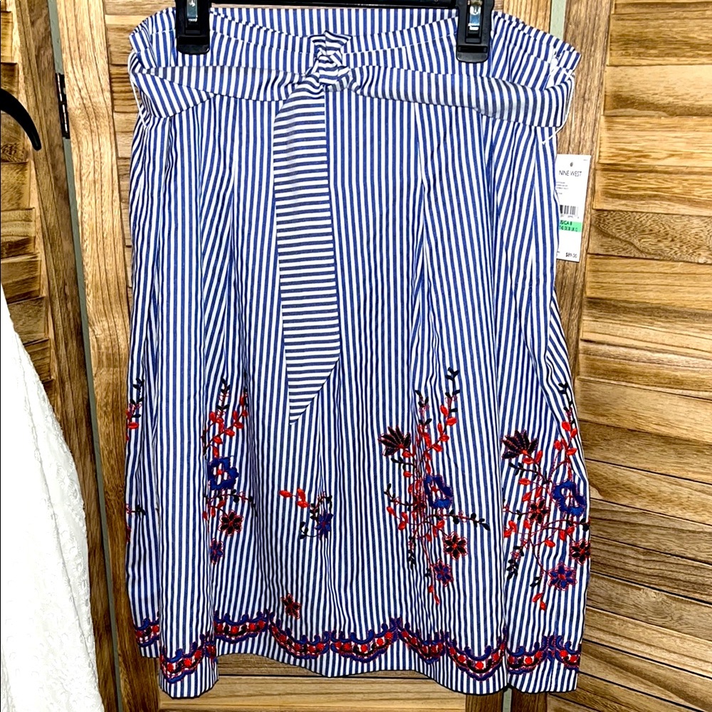 Striped Blue Floral Embroidered Skirt